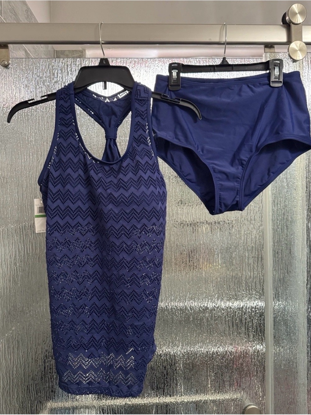 Navy Crochet Tankini Swim Top and High-Waist Bottoms